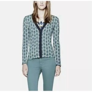 Tory Burch Beetle Scarab Novelty Bug Print‎ Merino Wool Cardigan Sweater Size XS